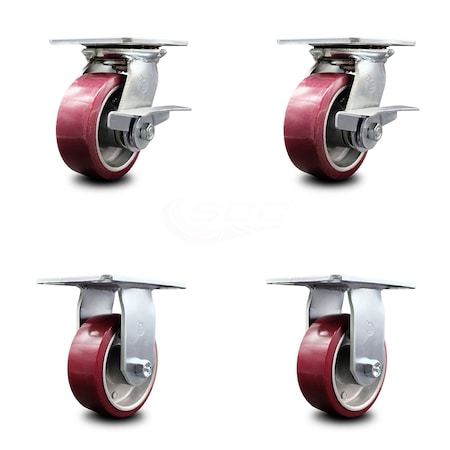 Service Caster 5 Inch Poly on Aluminum Caster Set with Roller Bearing 2 Brakes and 2 Rigid SCC SCC-35S520-PAR-SLB-2-R-2